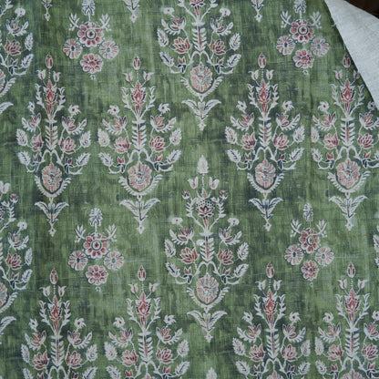 100% LINEN Fabric block print indian green 3658 - oatmeal linen fabric with green floral print decor