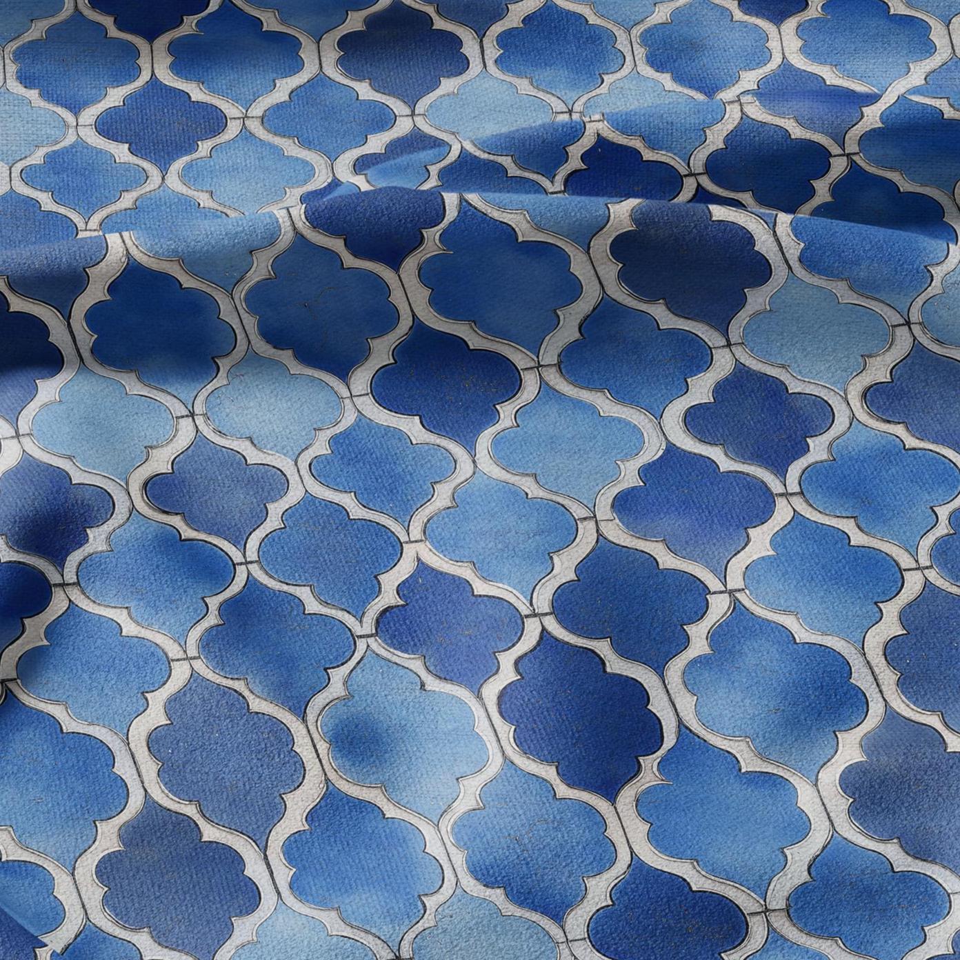 100% LINEN Fabric Abstract Blue Santorini Tiles print - modern contemporary print on linen fabric upholstery dress making curtains