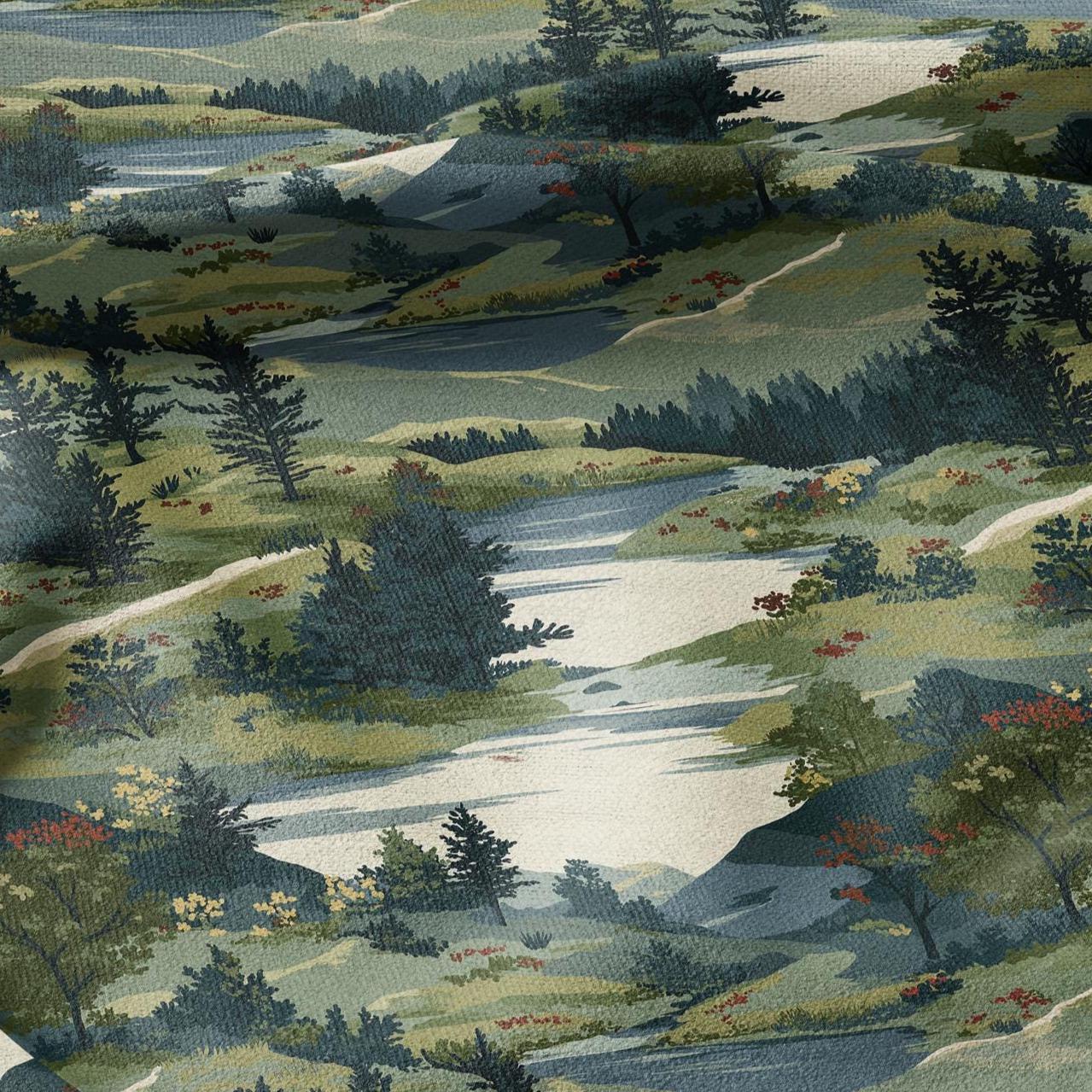 100% LINEN Fabric Scandinavian forest scenery - greenlandscape print - heavy linen fabric for upholstery home decor tablecloth 2921