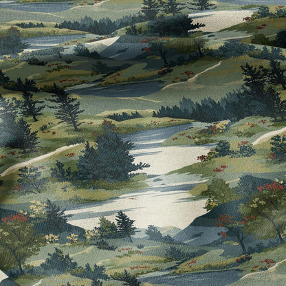 100% LINEN Fabric Scandinavian forest scenery - greenlandscape print - heavy linen fabric for upholstery home decor tablecloth 2921