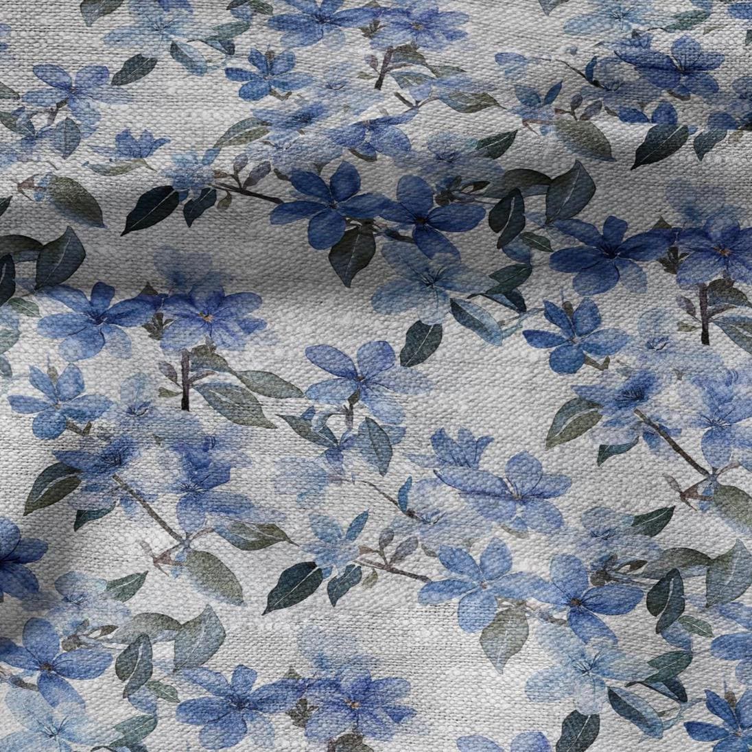 100% LINEN Fabric floral blue blossom print on oatmeal linen - blue gray heavy fabric for upholstery - medium weight linen dress making