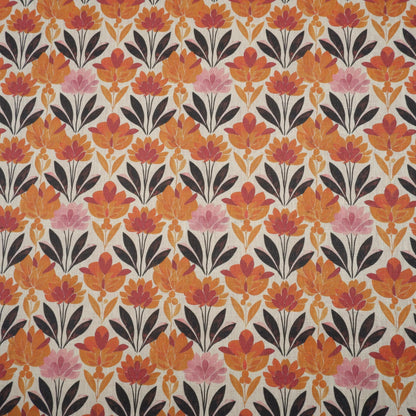 100% LINEN Fabric retro pattern on linen fabric - floral botanical orang  heavy linen fabric for upholstery home decor clothing
