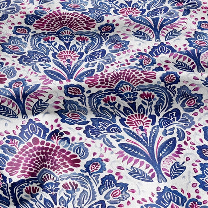 100% LINEN Fabric block print indigo blue red on white - floral print heavy linen fabric for upholstery home decor 2022