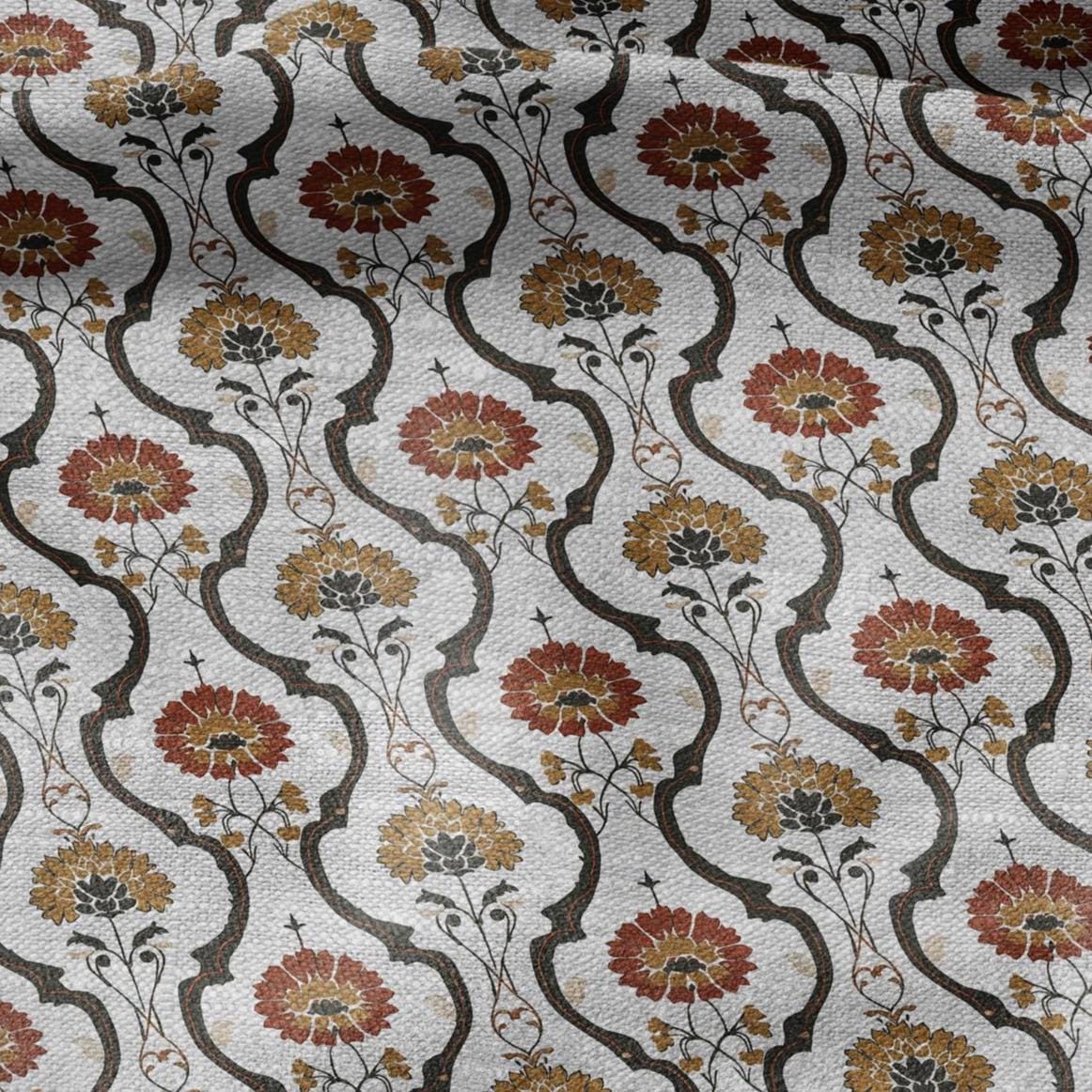 100% LINEN Fabric Retro orange green gray - floral print on oatmeal linen for home decor sewign dress clothing 2871