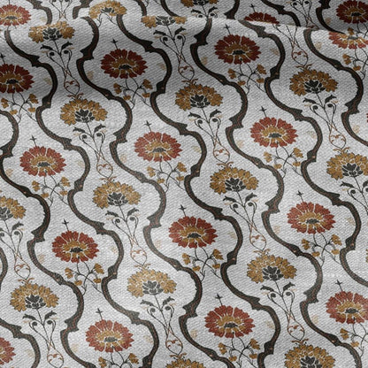 100% LINEN Fabric Retro orange green gray - floral print on oatmeal linen for home decor sewign dress clothing 2871