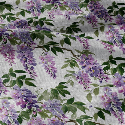 100% LINEN Fabric purple flowers Wisteria -  floral print on oatmeal linen  for home decor sewign dress clothing 3008
