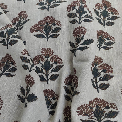 100% LINEN Fabric hand block print flowers - oatmeal linen fabric with black brown print Achillea - fabric for home decor upholstery