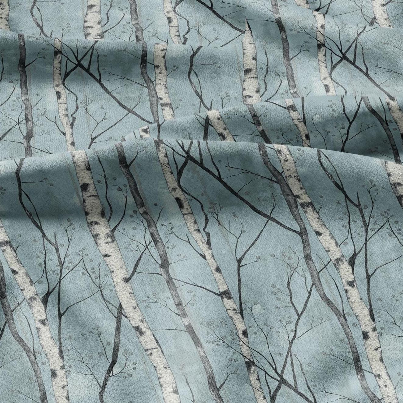 100% LINEN Fabric Brich tree print - Modern vintage blue lanscape forest  - upholstery curtains dress making 2382