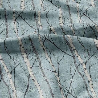 100% LINEN Fabric Brich tree print - Modern vintage blue lanscape forest  - upholstery curtains dress making 2382