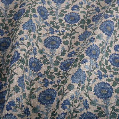 100% LINEN Fabric Mughal floral blue block print on oatmeal natur linen - linen floral upholstery dress making sewing curtains