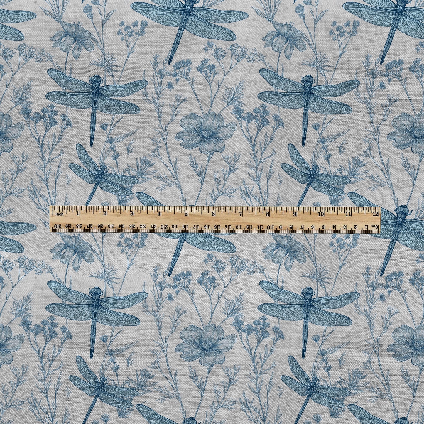 100% LINEN Fabric dragonflies blue print - botanical floral on oatmeal linen - modern vintage 3130