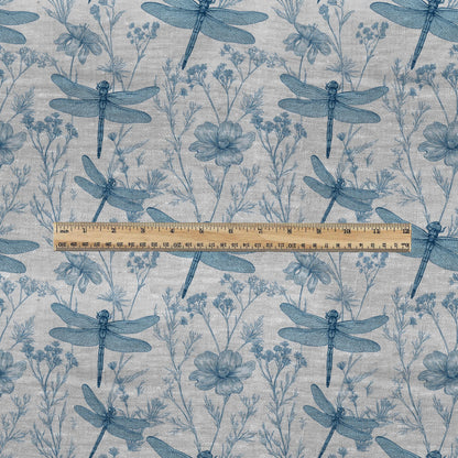100% LINEN Fabric dragonflies blue print - botanical floral on oatmeal linen - modern vintage 3130