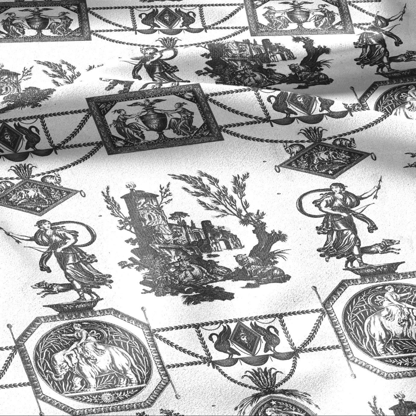 100% LINEN Fabric french black white print - Goddess Diana with Lion - toile de jouy - Diane chasseresse by Jean-Baptiste Huet 3420