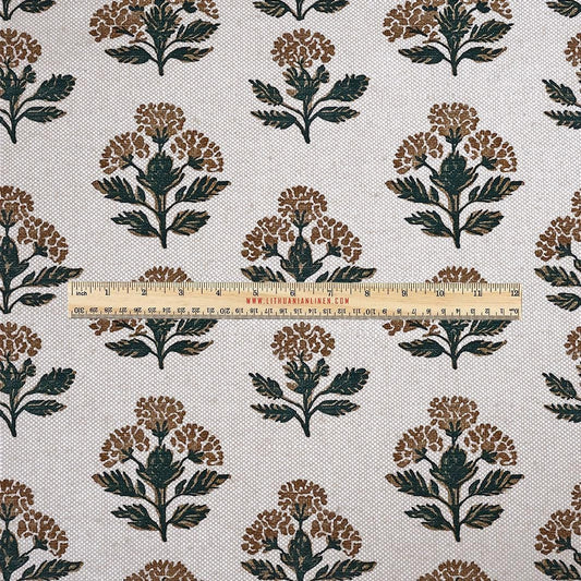 100% LINEN Fabric UPHOLSTERY 12oz - block print flowers - oatmeal with black brown print Achillea - Modern Vintage upholstery 2487