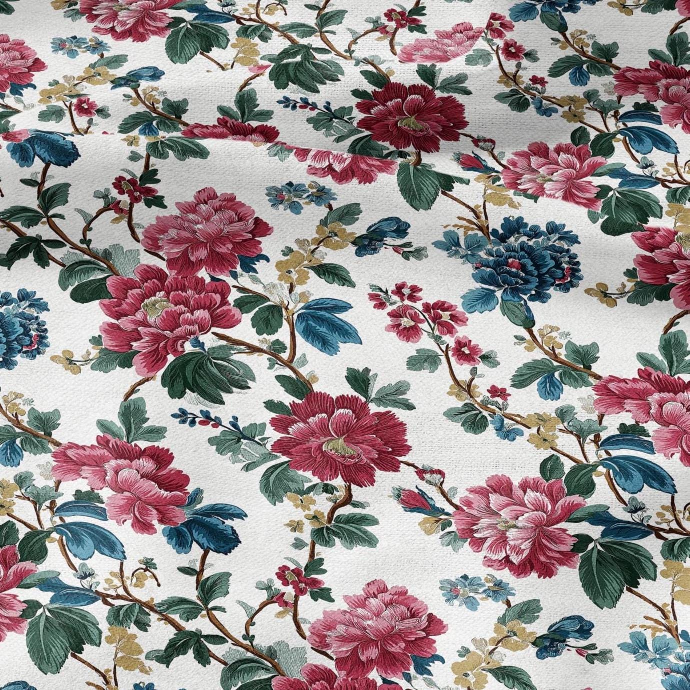 100% LINEN Fabric floral print - Grandmillennial - peony Modern vintage flower upholstery curtains dress making 2937