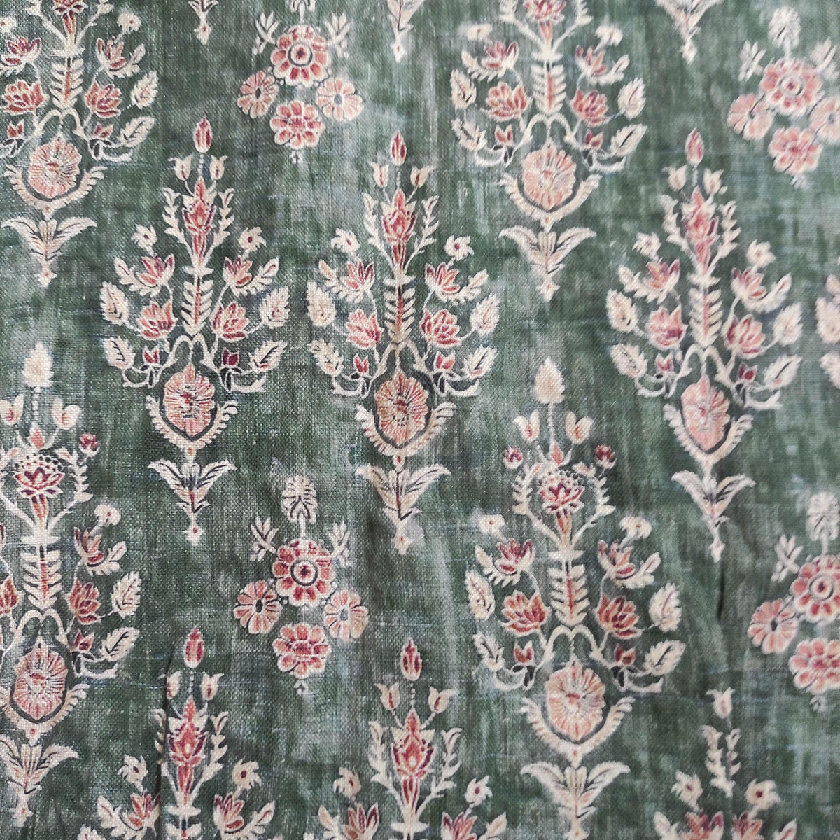 100% LINEN Fabric block print indian 3657-  oatmeal linen fabric with green floral print decor