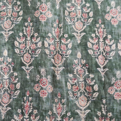 100% LINEN Fabric block print indian 3657-  oatmeal linen fabric with green floral print decor