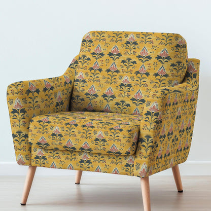 100% LINEN Fabric UPHOLSTERY 12oz - Mustard floral on linen - Modern vintage Grandmillenial  upholstery 2079
