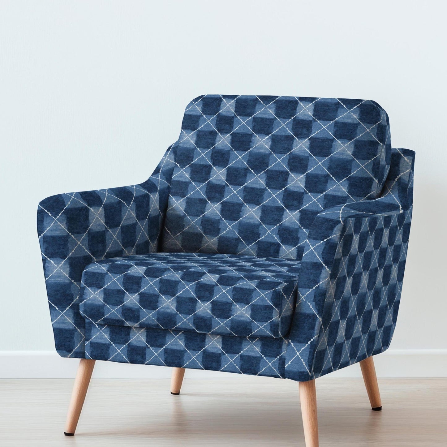 100% LINEN Fabric UPHOLSTERY 12oz - Indigo Shibori abstract squares - Modern Geometric Dark Blue Neutral Minimal upholstery 2978