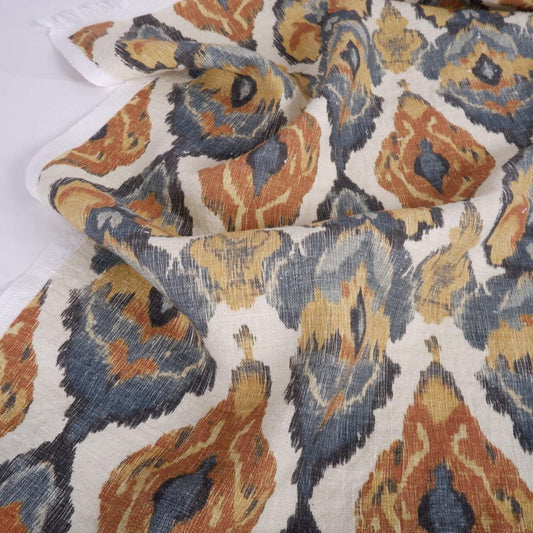 100% LINEN Fabric Abstract Ikat mustard WabiSabi , yellow ikat print on linen japandi wabi sabi linen print