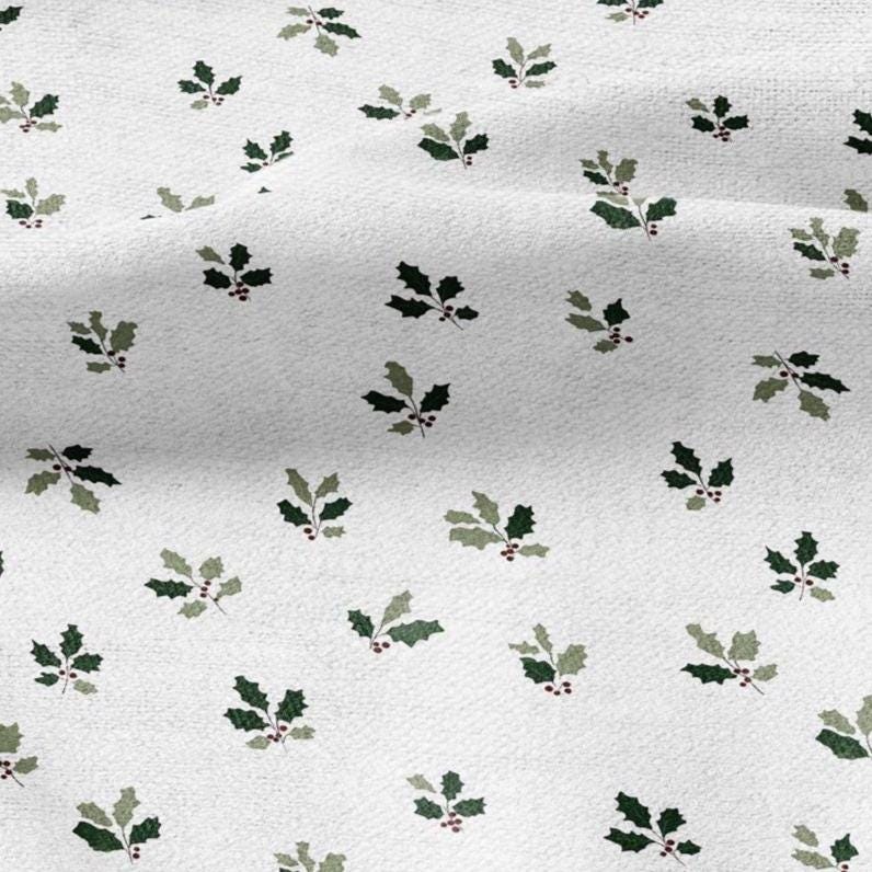 100% LINEN Fabric Leaves tiny green print - Mid-century modern botanical stripe upholstery home textile artisan green white 3094