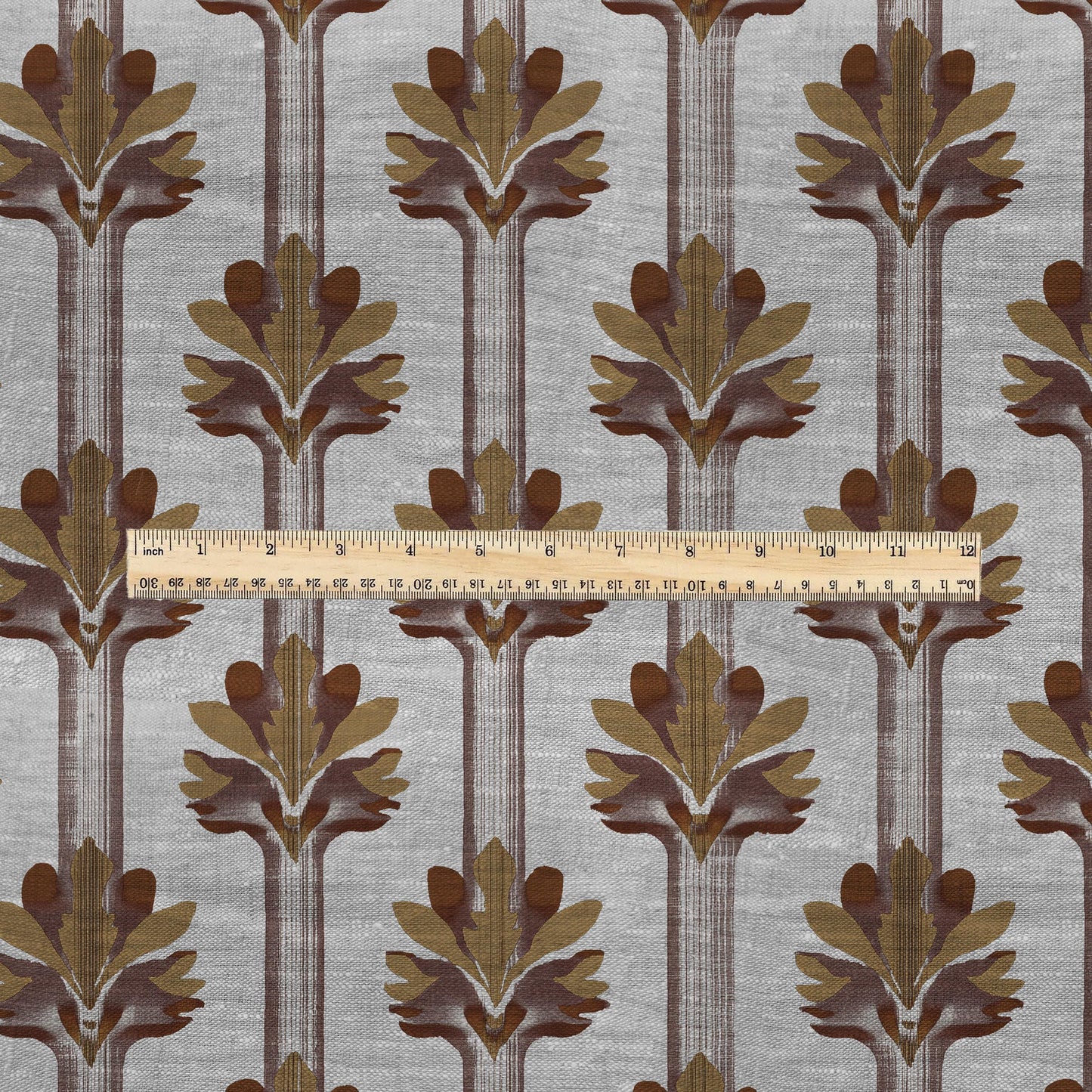 100% LINEN Fabric Art deco floral stripe print - botanical brown floral on oatmeal linen - modern vintage 3136