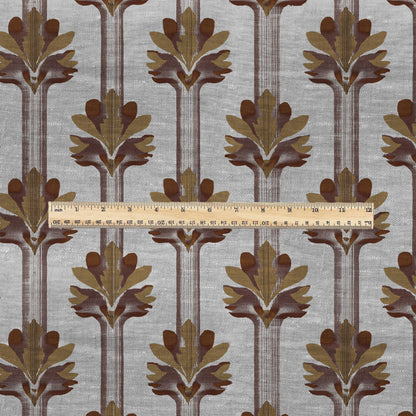 100% LINEN Fabric Art deco floral stripe print - botanical brown floral on oatmeal linen - modern vintage 3136