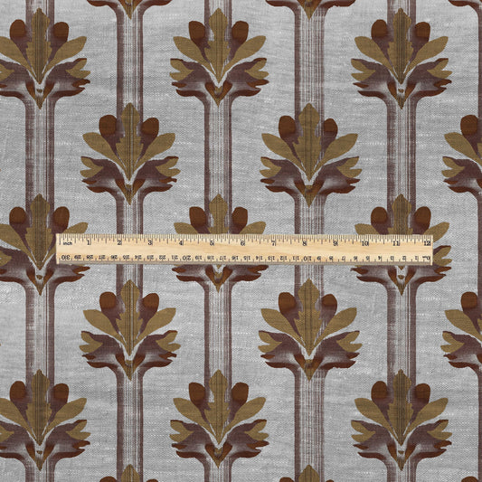100% LINEN Fabric Art deco floral stripe print - botanical brown floral on oatmeal linen - modern vintage 3136