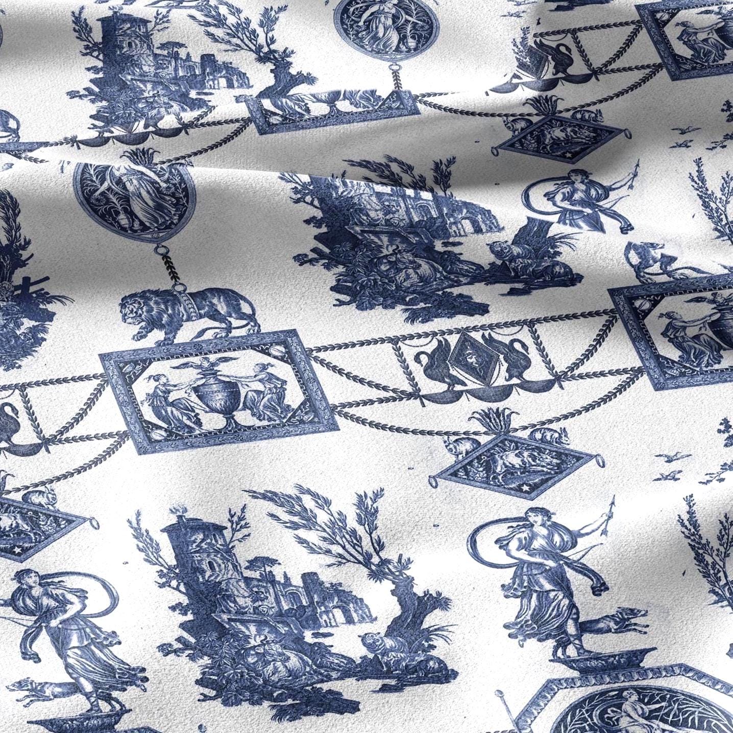 100% LINEN Fabric french blue white print - Goddess Diana with Lion - toile de jouy - Diane chasseresse by Jean-Baptiste Huet 3413