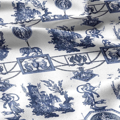 100% LINEN Fabric french blue white print - Goddess Diana with Lion - toile de jouy - Diane chasseresse by Jean-Baptiste Huet 3413