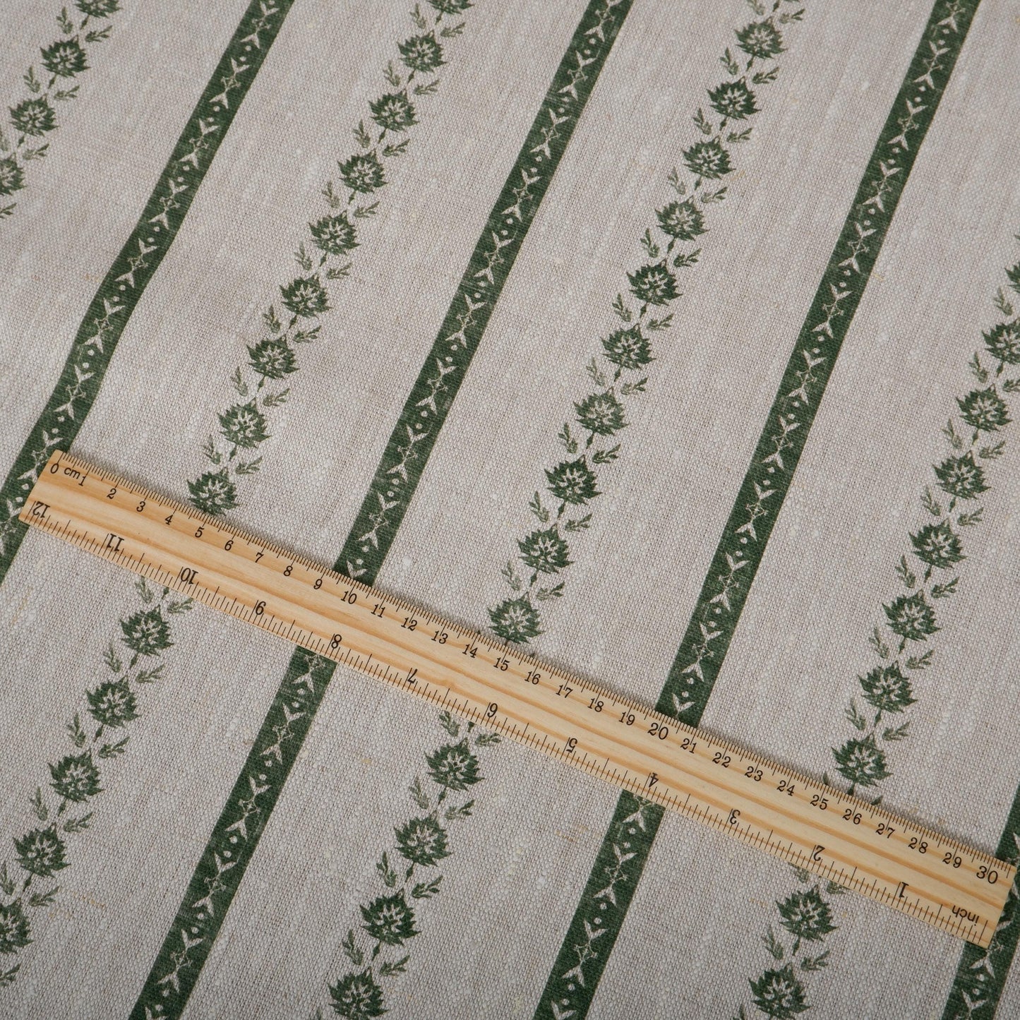 100% LINEN Fabric Striped floral print - block print green leaves on oatmeal linen for upholstery curtains dress making 2687