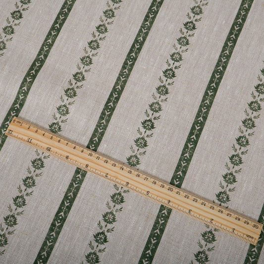 100% LINEN Fabric Striped floral print - block print green leaves on oatmeal linen for upholstery curtains dress making 2687