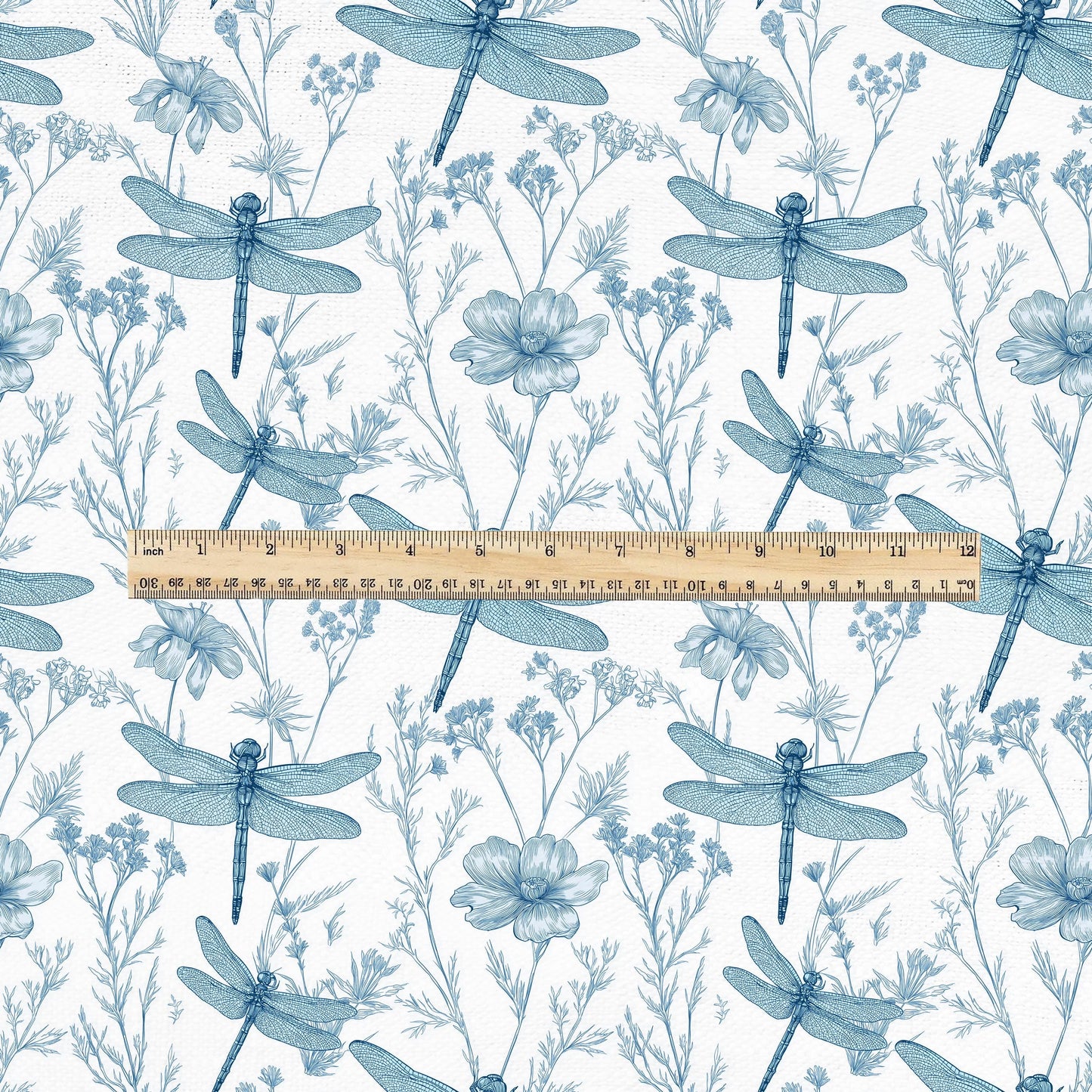 100% LINEN Fabric Dragonfly blue print  - floral upholstery home textile artisan fabrics blue white 3130