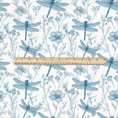 100% LINEN Fabric Dragonfly blue print  - floral upholstery home textile artisan fabrics blue white 3130
