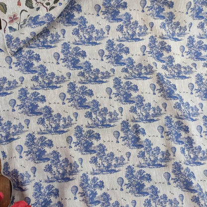 100% LINEN Fabric Toile de Jouy with air Balloon, oatmeal natur linen fabric with blue indigo  print, coastal French linen fabric upholstery