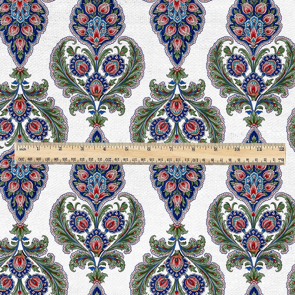 100% linen fabric   - Blue Red Green Floral - Traditional Ottoman Style Botanical block print - for clothing upholstery home textile 3785