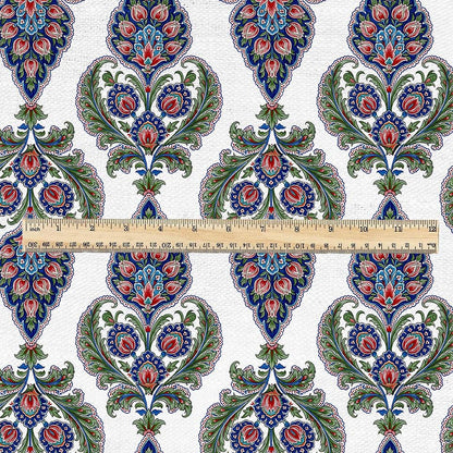 100% linen fabric   - Blue Red Green Floral - Traditional Ottoman Style Botanical block print - for clothing upholstery home textile 3785