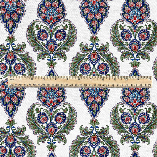 100% linen fabric   - Blue Red Green Floral - Traditional Ottoman Style Botanical block print - for clothing upholstery home textile 3785