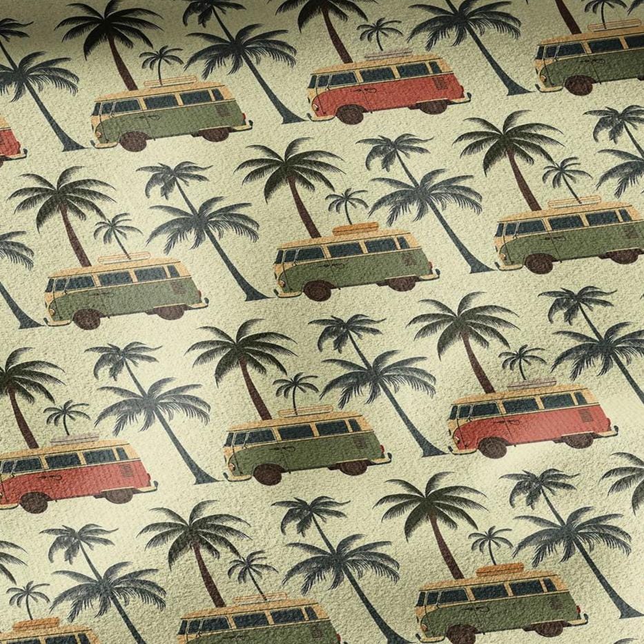 100% linen fabric California Dreaming print - Camper Vans Retro Lifestyle pattern  - Tropical Road Trip Palm tree Summer Vibes 3485