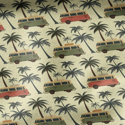 100% linen fabric California Dreaming print - Camper Vans Retro Lifestyle pattern  - Tropical Road Trip Palm tree Summer Vibes 3485