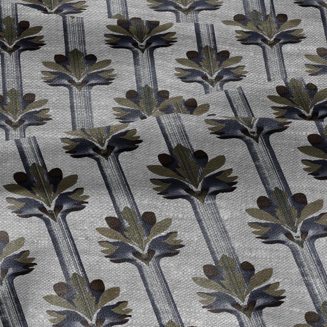 100% LINEN Fabric Art deco floral stripe print - botanical blue gray floral on oatmeal linen - modern vintage 3034