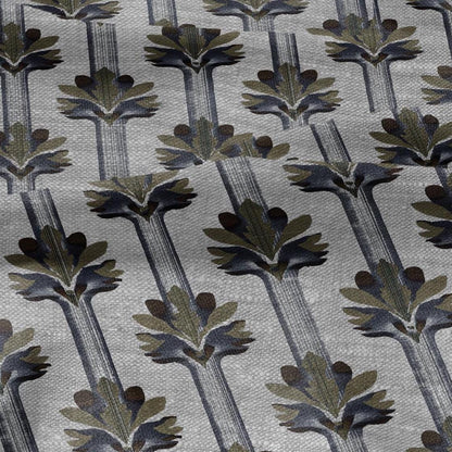 100% LINEN Fabric Art deco floral stripe print - botanical blue gray floral on oatmeal linen - modern vintage 3034