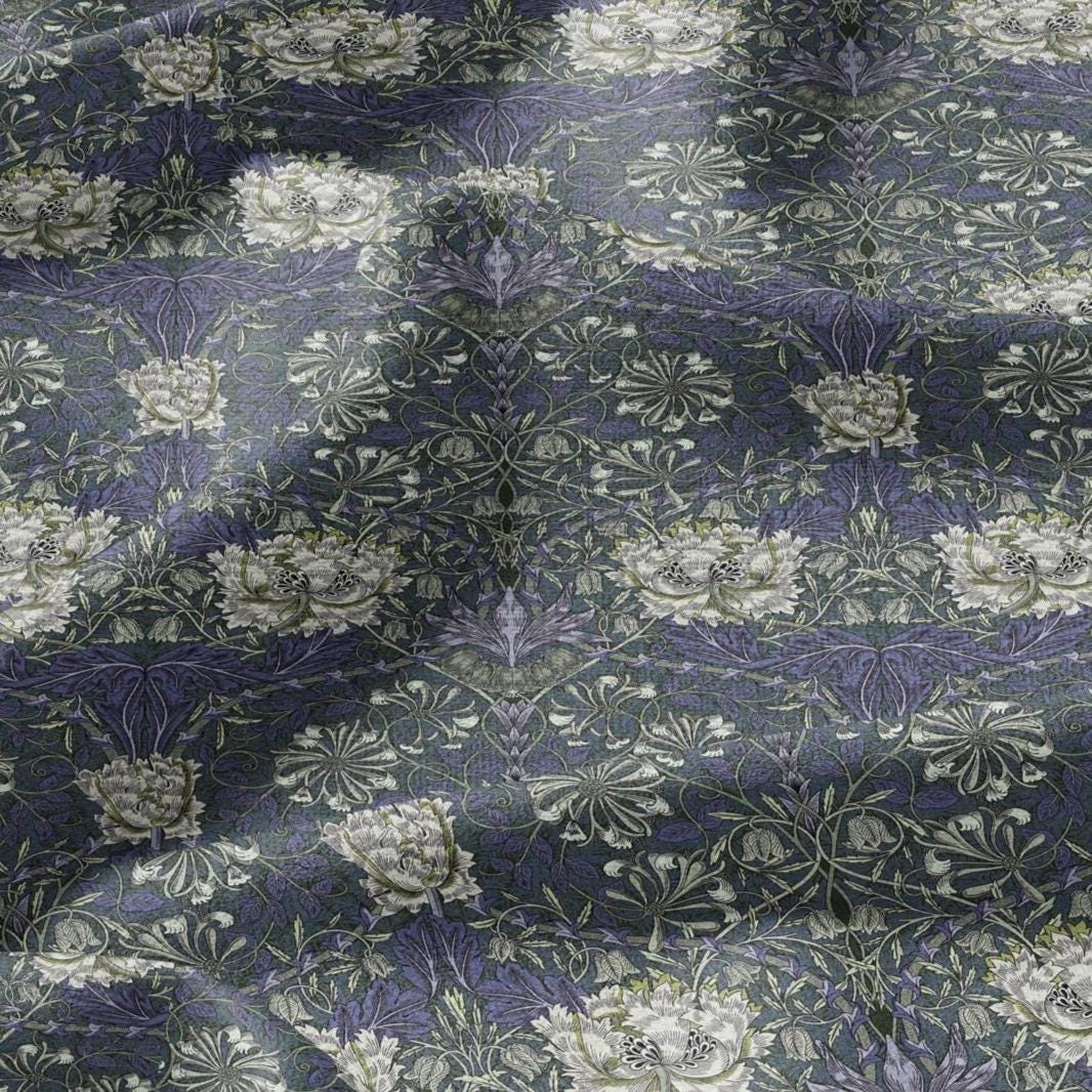 100% linen fabric William Morris Honeysuckle blue green print - Victorian Art crafts Historical pattern fabric upholstery dress making 3297