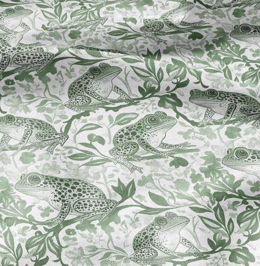 100% LINEN Fabric toile de jouy Frog Nautical print - green white linen fabric with blue coastal print for upholstery home decor