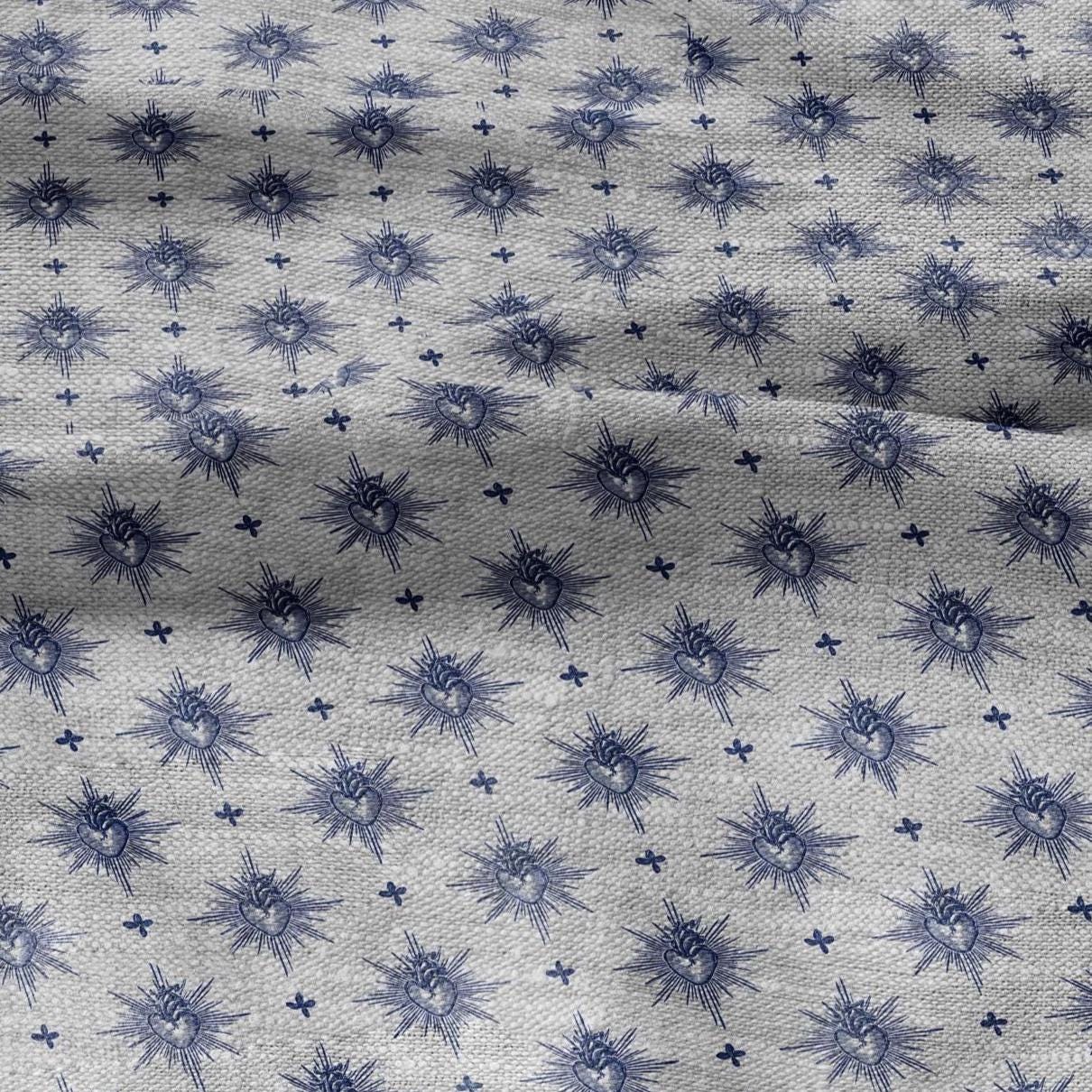 100% LINEN Fabric Sacred heart -  blue print on oatmeal linen for home decor sewign dress clothing 3006