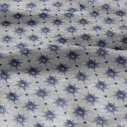 100% LINEN Fabric Sacred heart -  blue print on oatmeal linen for home decor sewign dress clothing 3006