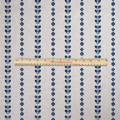 100% LINEN Fabric UPHOLSTERY 12oz - blue stripe block print - oatmeal linen fabric with floral print  - Modern Vintage upholstery 2699