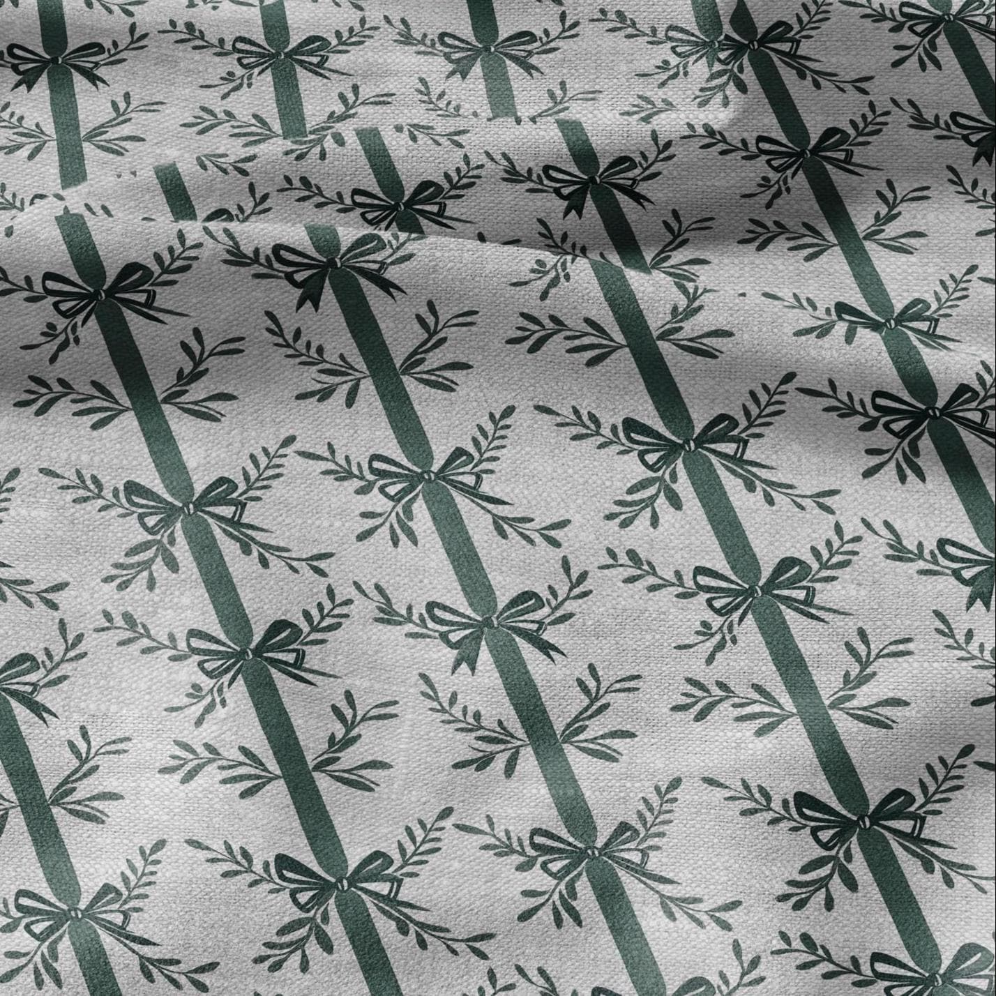 100% LINEN Fabric stripe bow holidays block print on oatmeal linen - French linen floral upholstery 2129