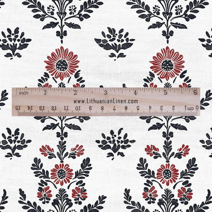 100% LINEN Fabric black red block print - floral fabric for upholstery home decor dress making 2138
