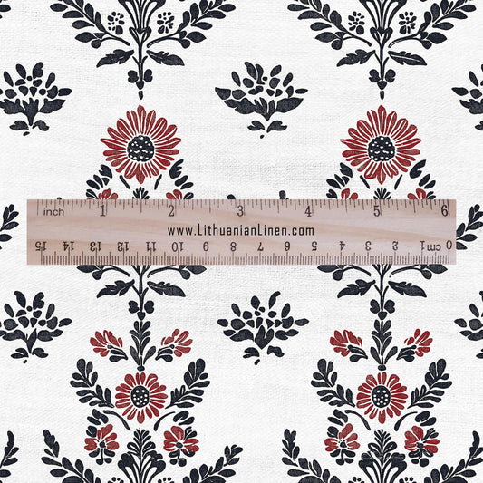 100% LINEN Fabric black red block print - floral fabric for upholstery home decor dress making 2138